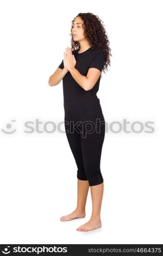 Brunette Woman Doing Yoga Exercises Isolated on White