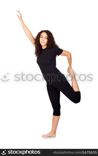 Brunette Woman Doing Yoga Exercises Isolated on White