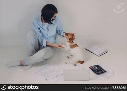 Brunette woman dressed casually, studies income report, sits on floor with laptop computer, paper documents, calculator, notepad, has fun with her favourite pet, isolated over white background