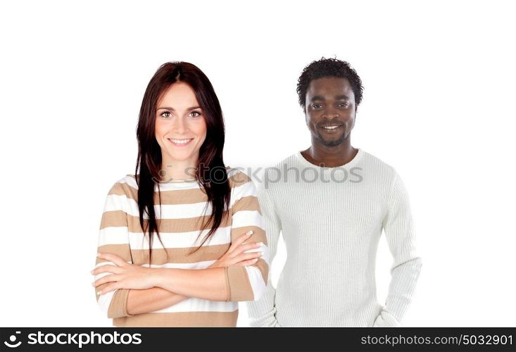 Brunette woman in close-up and handsome African man in the background isolated