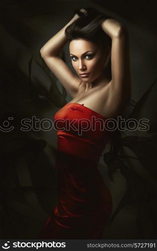 brunette woman in red dress