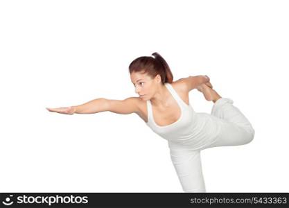 Brunette woman in white doing stretching isolated
