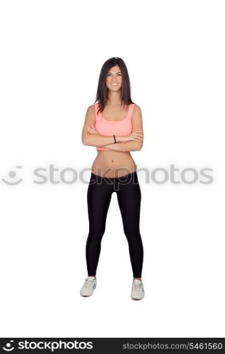 Brunette woman in white doing stretching isolated