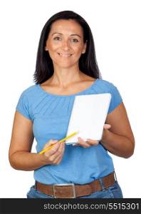 Brunette woman indicating a notebook isolated on a over white background
