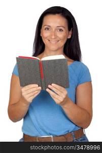 Brunette woman reading a book isolated on a over white background