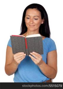 Brunette woman reading a book isolated on a over white background