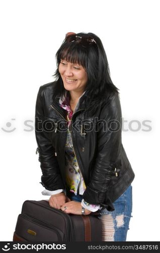 brunette woman with a suitcase isolated on a white background