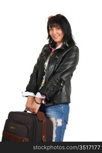 brunette woman with a suitcase isolated on a white background