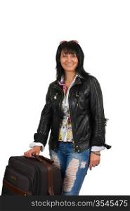 brunette woman with a suitcase isolated on a white background