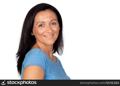 Brunette woman with long hair isolated on a over white background
