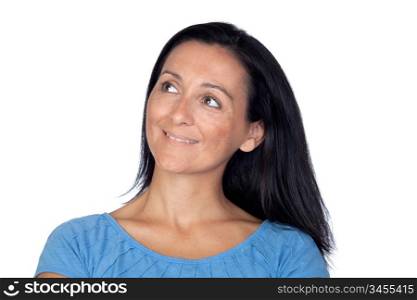 Brunette woman with long hair looking up isolated on a over white background