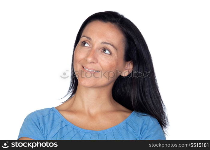 Brunette woman with long hair looking up isolated on a over white background