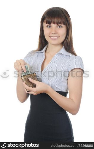 Brunette woman with money . Isolated on white background