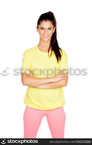 Brunette woman with sport clothing isolated on a white background