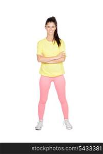 Brunette woman with sport clothing isolated on a white background