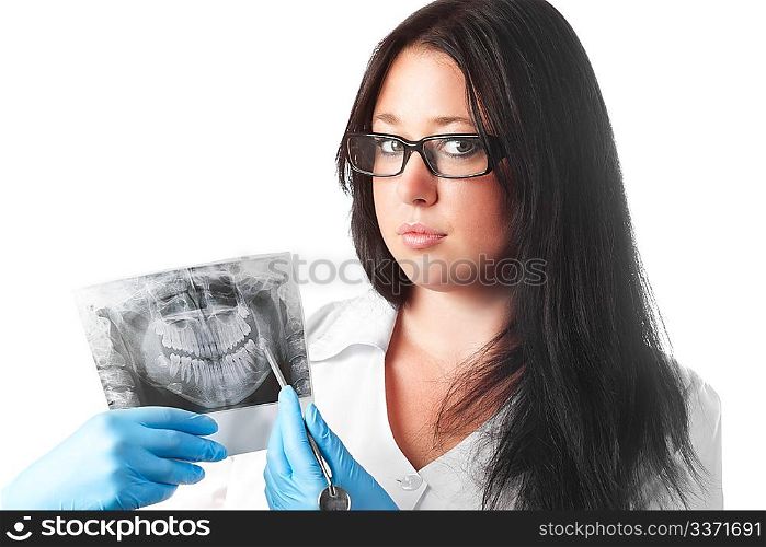 brunette young female dentist holding x-ray isolated on white background