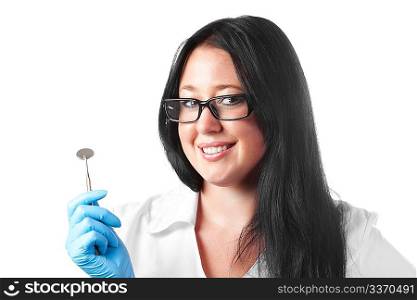 brunette young smiling female dentist isolated on white background