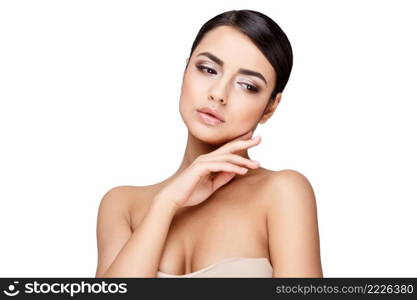 Brunette young woman with beautiful clean skin isoilated on white. Young brunette woman with beautiful clean skin