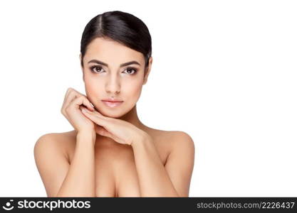 Brunette young woman with beautiful clean skin isoilated on white. Young brunette woman with beautiful clean skin