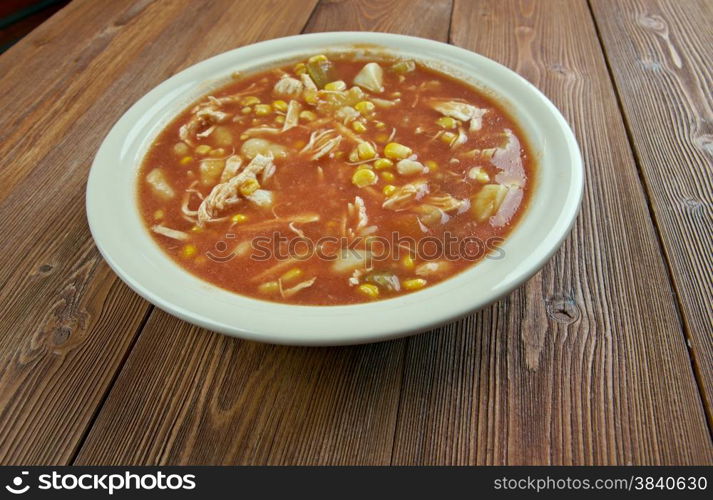 Brunswick stew - traditional dish, popular in the American South. made with chicken, tomatoes, corn, lima beans, green peppers and potatoes.