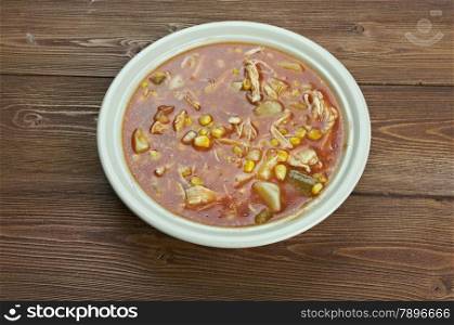 Brunswick stew - traditional dish, popular in the American South. made with chicken, tomatoes, corn, lima beans, green peppers and potatoes.