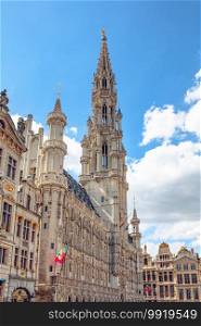 Brussels, Belgium - July 20, 2020  Tower of the city hall at the Grand place central square in the old town of Brussels