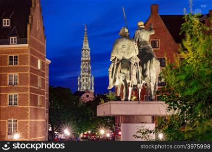 Brussels City Hall and Spain Square, statues of Don Quixote and Sancho Panza in Brussels, Belgium. Brussels at night, Brussels, Belgium