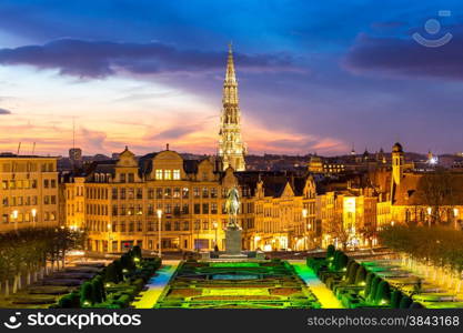 Brussels Cityscape from Monts des Arts at dusk, Belgium