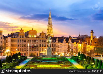 Brussels Cityscape from Monts des Arts at dusk, Belgium
