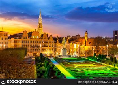 Brussels Cityscape from Monts des Arts at dusk, Belgium