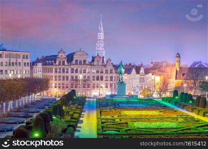 Brussels cityscape from Monts des Arts at twilight in Belgium