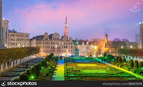 Brussels cityscape from Monts des Arts at twilight in Belgium