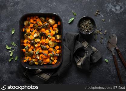 Brussels sprouts baked with butternut squash, top view