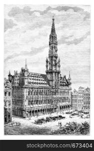 Brussels Town Hall in Brussels, Belgium, drawing by Barclay based on a photograph by Levy, vintage illustration. Le Tour du Monde, Travel Journal, 1881