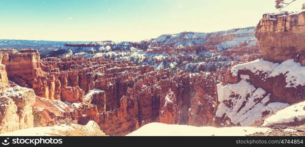 Bryce canyon with snow in winter season.