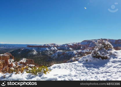 Bryce canyon with snow in winter season.