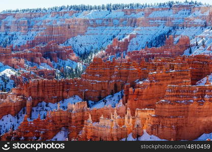 Bryce canyon with snow in winter season.