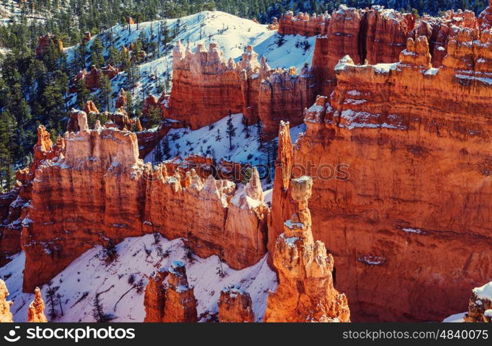 Bryce canyon with snow in winter season.