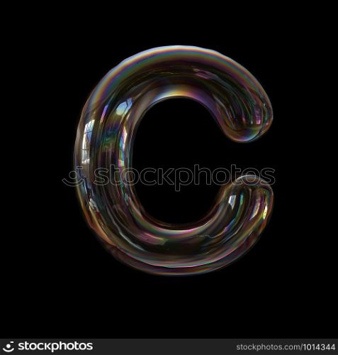 Bubble letter C - large 3d transparent font isolated on black background. This alphabet is perfect for creative illustrations related but not limited to Water, childhood, fragility...