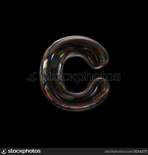 Bubble letter C - Small 3d transparent font isolated on black background. This alphabet is perfect for creative illustrations related but not limited to Water, childhood, fragility...