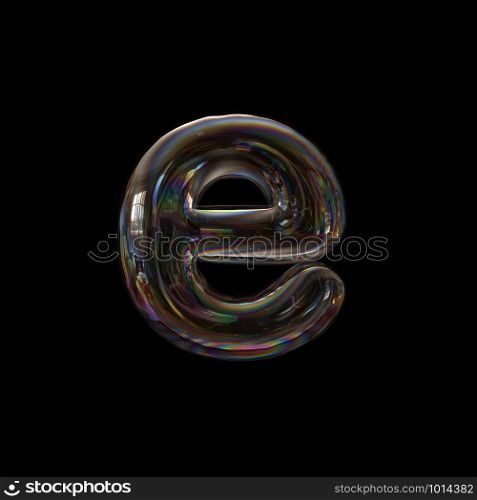 Bubble letter E - lowercase 3d transparent font isolated on black background. This alphabet is perfect for creative illustrations related but not limited to Water, childhood, fragility...