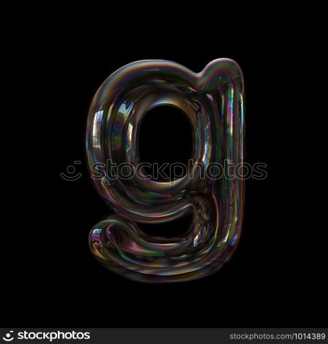 Bubble letter G - Lowercase 3d transparent font isolated on black background. This alphabet is perfect for creative illustrations related but not limited to Water, childhood, fragility...