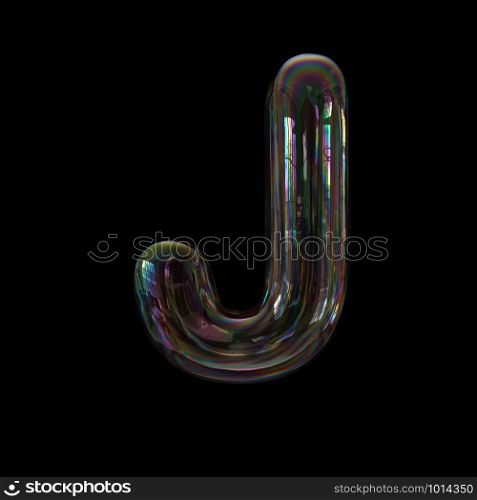 Bubble letter J - large 3d transparent font isolated on black background. This alphabet is perfect for creative illustrations related but not limited to Water, childhood, fragility...