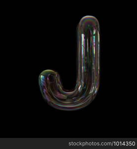 Bubble letter J - large 3d transparent font isolated on black background. This alphabet is perfect for creative illustrations related but not limited to Water, childhood, fragility...