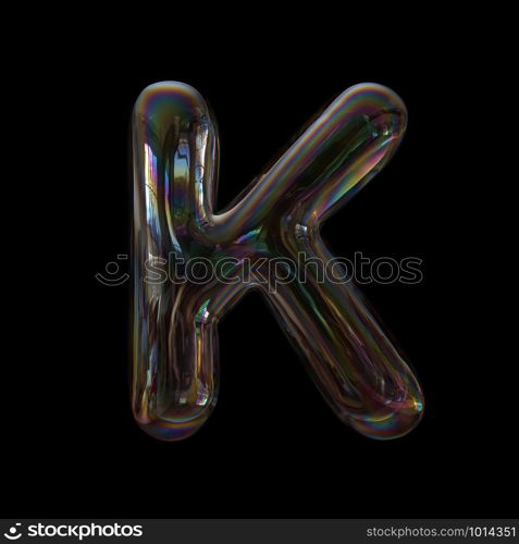 Bubble letter K - Large 3d transparent font isolated on black background. This alphabet is perfect for creative illustrations related but not limited to Water, childhood, fragility...
