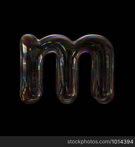 Bubble letter M - Small 3d transparent font isolated on black background. This alphabet is perfect for creative illustrations related but not limited to Water, childhood, fragility...