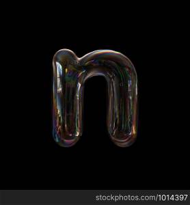 Bubble letter N - Lower-case 3d transparent font isolated on black background. This alphabet is perfect for creative illustrations related but not limited to Water, childhood, fragility...