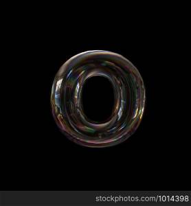 Bubble letter O - Lowercase 3d transparent font isolated on black background. This alphabet is perfect for creative illustrations related but not limited to Water, childhood, fragility...