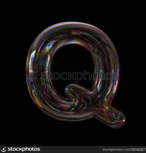 Bubble letter Q - large 3d transparent font isolated on black background. This alphabet is perfect for creative illustrations related but not limited to Water, childhood, fragility...