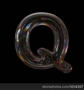 Bubble letter Q - large 3d transparent font isolated on black background. This alphabet is perfect for creative illustrations related but not limited to Water, childhood, fragility...